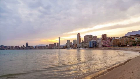 Beach Front City Dramatic Sunset Stock Footage 98499370