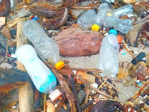 The beach is full of plastic waste Stock Photos