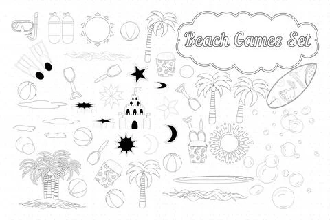 Beach Games Coloring Page Set Stock Illustration