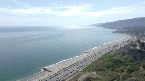 Beach Goers Pacific Palisades Los Angeles Drone Aerial View Stock Footage 335337340