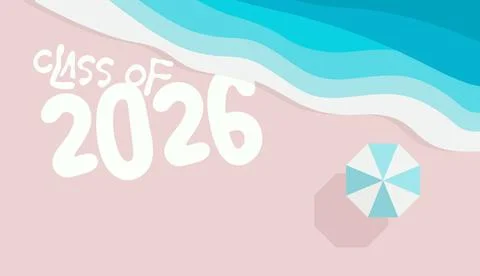 Beach graduation design, class 2026 text, summer celebration, cheerful relaxed Stock Illustration