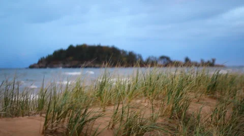 Beach grass rack focus to island Video stock 37216709