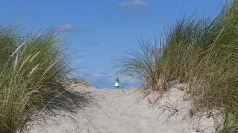 Beach grass with white sand in summer - blue sky &amp; lighthouse in the background Stock Footage 139212178