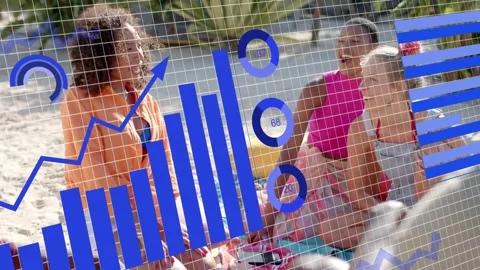 Beach group talking, tech overlay appearing, animating grid, line, bar, pie Stock Footage 333648536