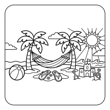 Beach Hammock Summer Coloring Page with Sandcastle Scene Stock Illustration