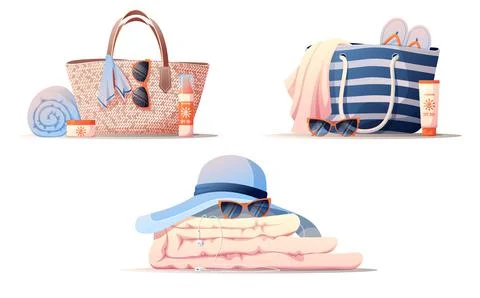 Beach hat, beach bag cover, sunglasses, sun cream, towel, slippers. Set of su Illustrazione stock