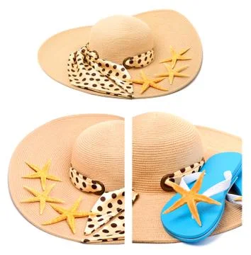 Beach hat, flip flops and starfish Stock Photos