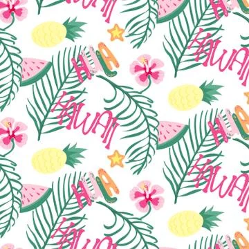 Beach Hawaii cheerful seamless pattern wallpaper of tropical dark green leave Stock Illustration