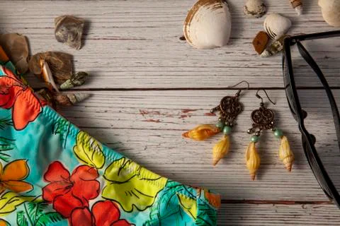 Beach holiday fun, a flat lay photography Stock Photos