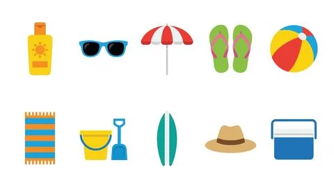 Beach holiday items collection in flat style. Illustrazione stock