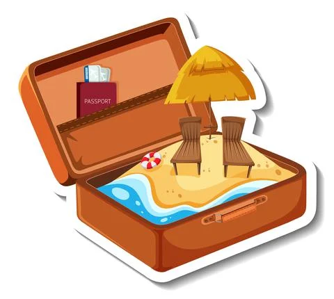 Beach holiday with opened suitcase Illustrazione stock
