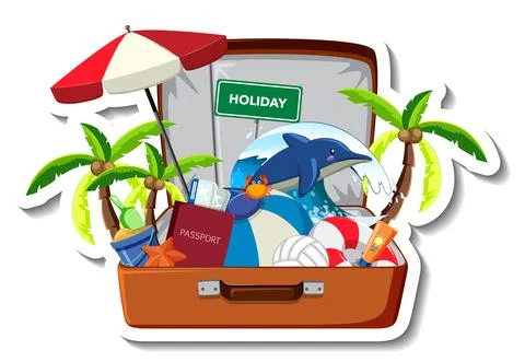 Beach holiday with summer beach items in the opened suitcase Illustrazione stock