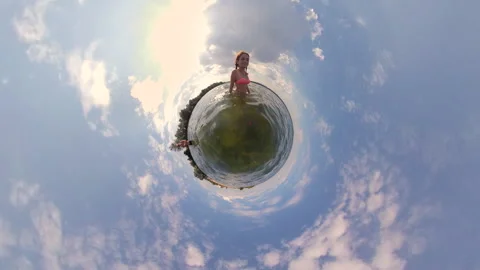 Beach holiday. Tiny planet. 360 degree camera. Video stock 264844508