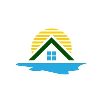 Beach house logo design vector with sun ocean and roof template illustration Stock Illustration