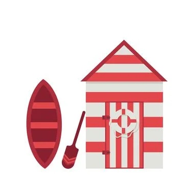 Beach hut with boat next to it.Vector illustration. Stock Illustration