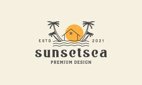Beach hut with coconut tree sunset logo vector icon symbol design graphic i.. Stock Illustration