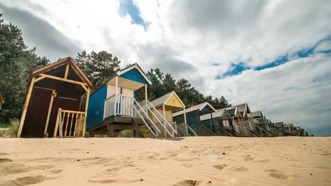 Beach Huts at British Seaside Timelapse Shot Stock Footage 77641923