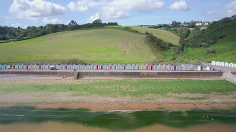 Beach huts on Broadsands Beach from a drone, Paignton, Devon, England Stock Footage 161085741