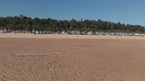 Beach Huts, Sand, Wells-Next-The-Sea Slow Rise Aerial UK Norfolk Coastline D-Log Stock Footage 138015945