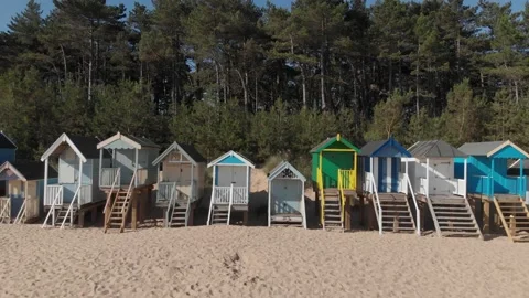 Beach Huts Wells-Next-The-Sea Aerial Norfolk Coastline D-Log Stock Footage 138032355