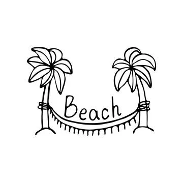 Beach icon, logo in doodle style. Palm, coconut, hammock, sand, sea, word. Ha Stock Illustration