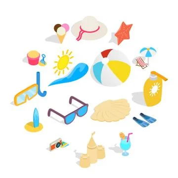 Beach icons set, isometric 3d style Illustrazione stock