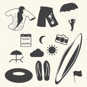 Beach icons set on texture background. Vector Stock Illustration