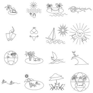 Beach icons set, thin line style Stockillustratie