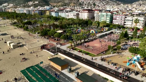 Beach infrastructure aerial view 4 k Alanya Turkey Stock Footage 221925837