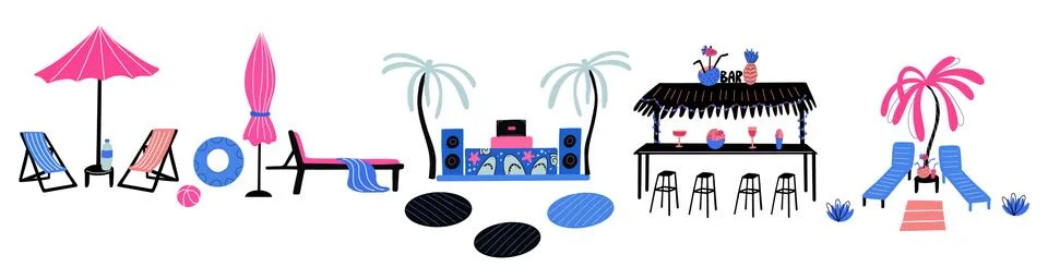 Beach infrastructure elements isolated on white. Stock Illustration