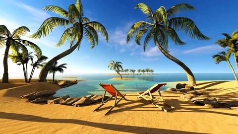 Beach island and empty beach chairs on a sunny day Stock Footage 111190773