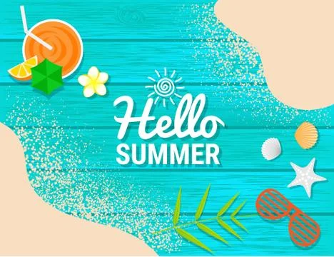 Beach items and Sand on blue wooden for summer concept Stock Illustration