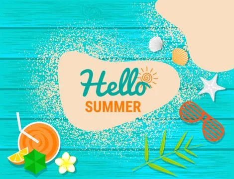 Beach items and Sand on blue wooden with text  for summer concept Stock Illustration