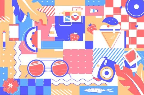 Beach items background of glasses, ice cream and fruits. Stock Illustration