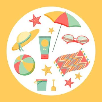 Beach items in circle Stock Illustration