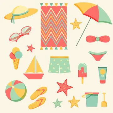 Beach items set. Summer collection.  Stock Illustration