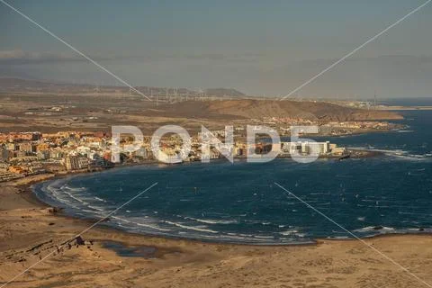 Beach kiters taken from a height. Coastline of Tenerife, Canaries Stock Photos