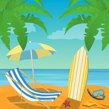 Beach landscape with beach umbrella, deck chair. Flat design style. Vector イラスト素材