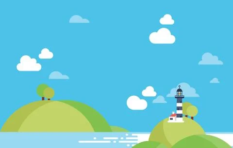 Beach Landscape with Lighhouse Vector in Material Design Background,  Copyspace Stock Illustration
