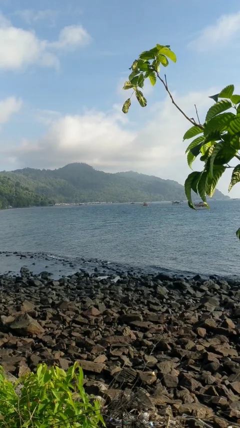 Beach on Lemukutan Island with a mountain backdrop Stock Footage 312657493