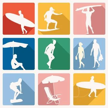Beach life vector illustration. Beach people, surfers on bright backgrounds. Stock Illustration