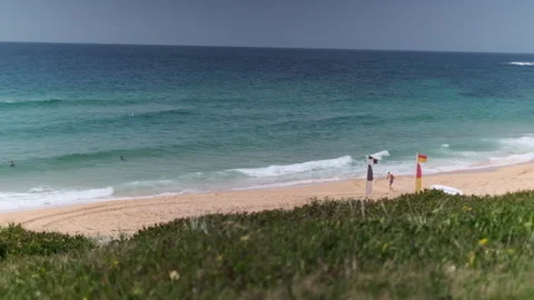 Beach with Lifeguard Flags WS (pan) 007 Video stock 170344052