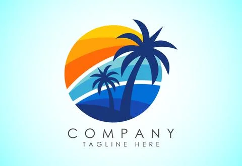 Beach logo design. Sun sunset sunrise with beach ocean sea water logo icon. Illustrazione stock