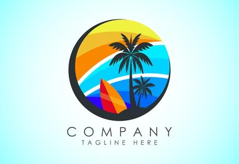 Beach logo design. Sun sunset sunrise with beach ocean sea water logo icon. 스톡 일러스트