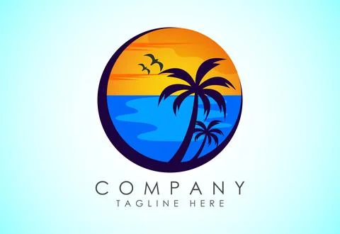 Beach logo design. Sun sunset sunrise with beach ocean sea water logo icon. Stock-Illustration