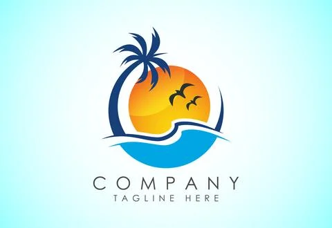 Beach logo design. Sun sunset sunrise with beach ocean sea water logo icon. Stock Illustration