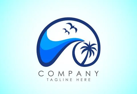Beach logo design. Sun sunset sunrise with beach ocean sea water logo icon. 스톡 일러스트