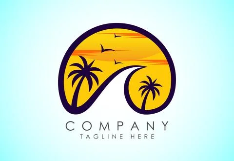 Beach logo design. Sun sunset sunrise with beach ocean sea water logo icon. 스톡 일러스트