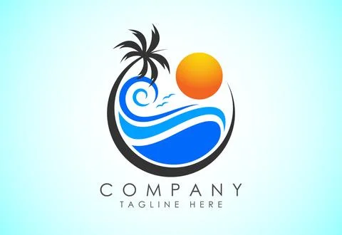 Beach logo design. Sun sunset sunrise with beach ocean sea water logo icon. 스톡 일러스트