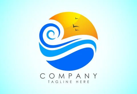 Beach logo design. Sun sunset sunrise with beach ocean sea water logo icon. Stock Illustration